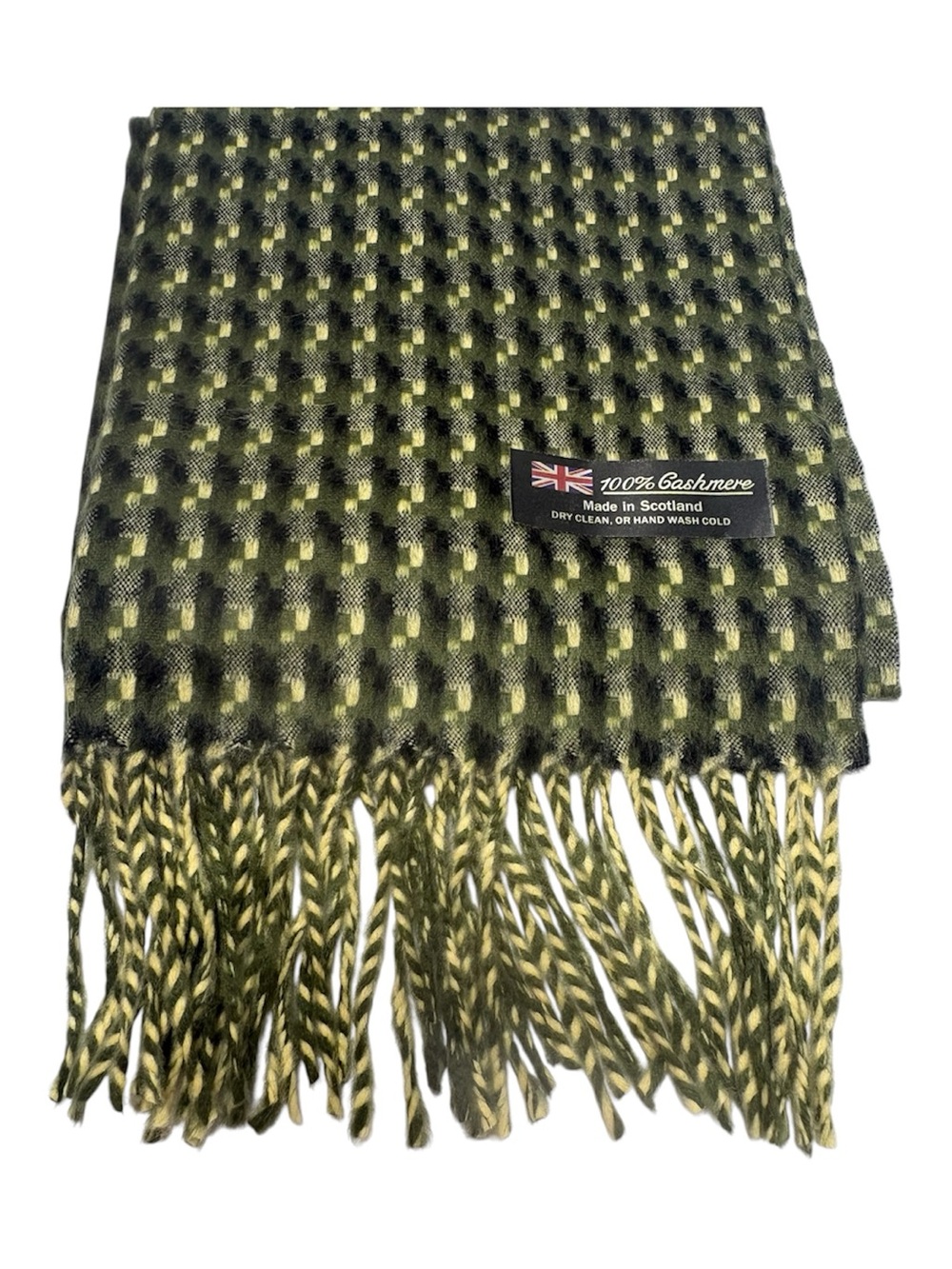 100% Cashmere Green Plaid Fringe Scottish Scarf CV